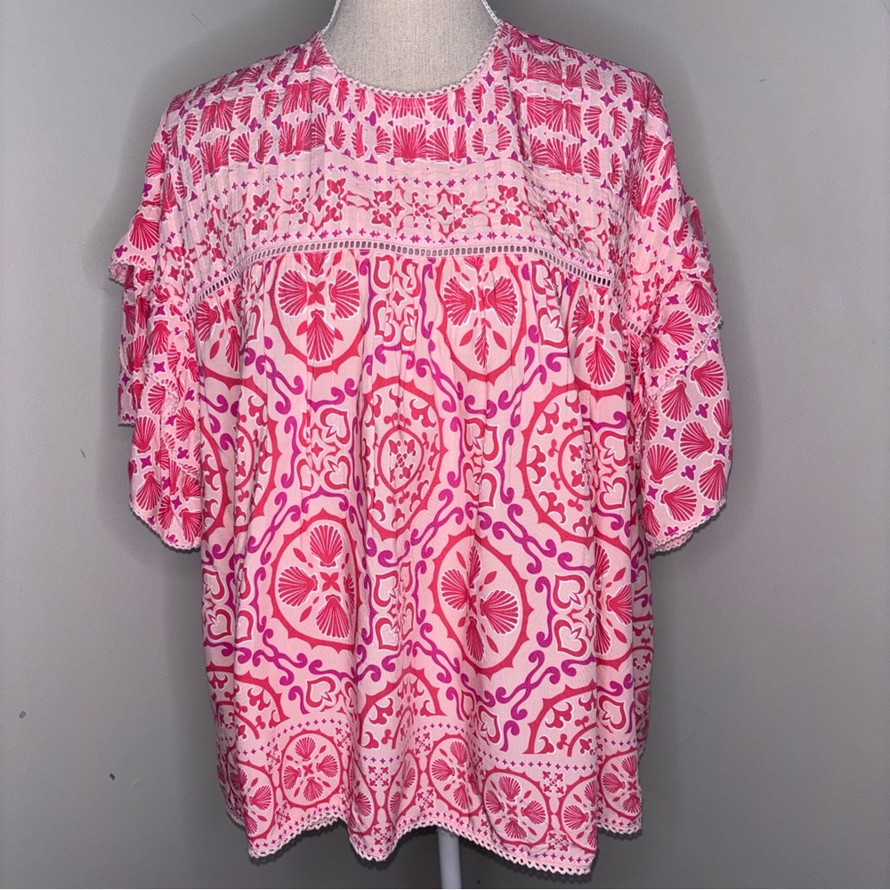 Crown & Ivy NEW pink medallion print pintuck bodice swing top short sleeve sz XL